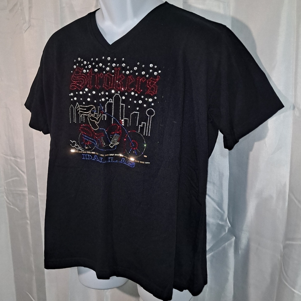 Strokers Dallas Motorcycle T-shirt/Top Women's XL Black V-neck Short Sleeve Nice